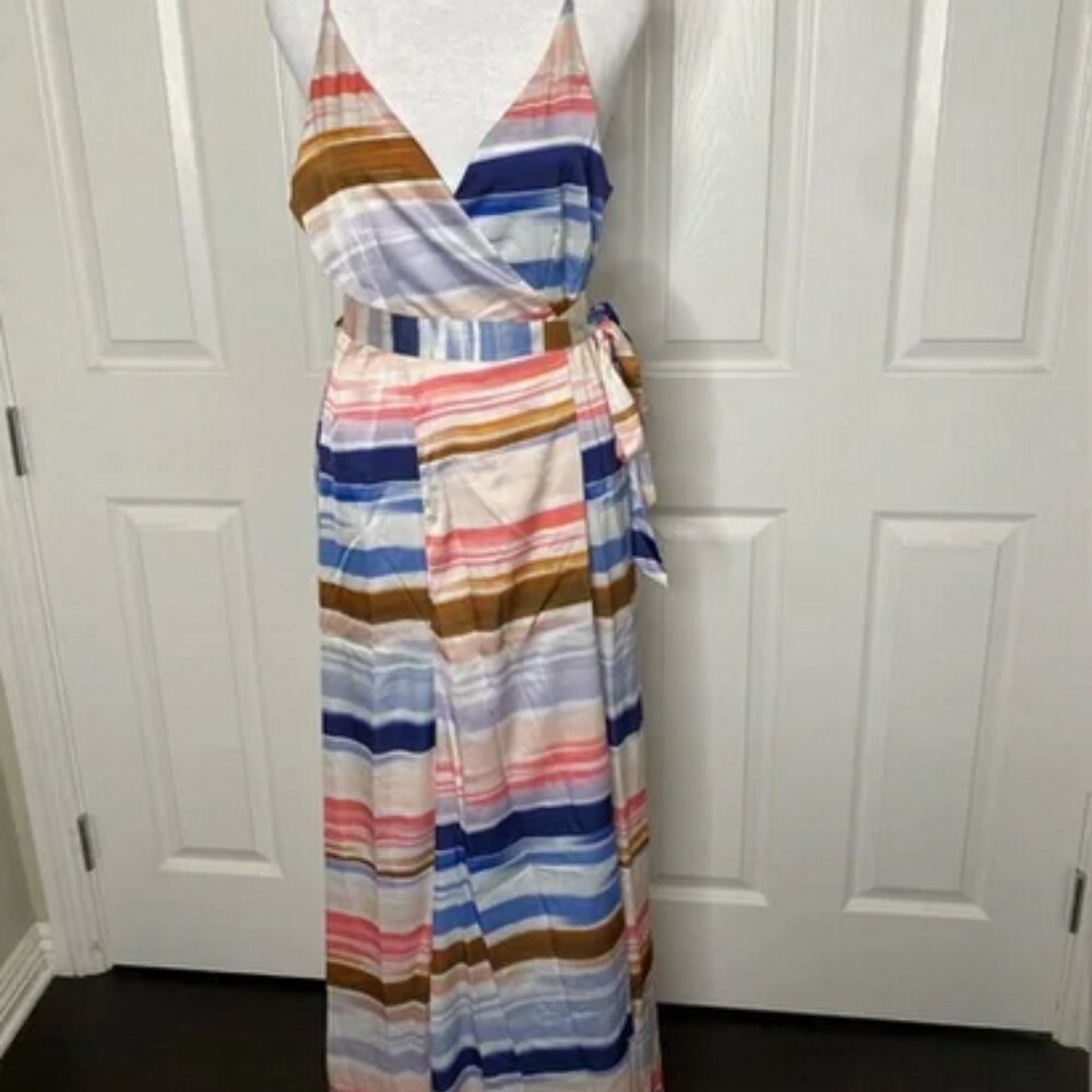 Hutch Satin Printed Sleeveless Midi Wrap Dress Bright Watercolor Stripe - Picture 6 of 8